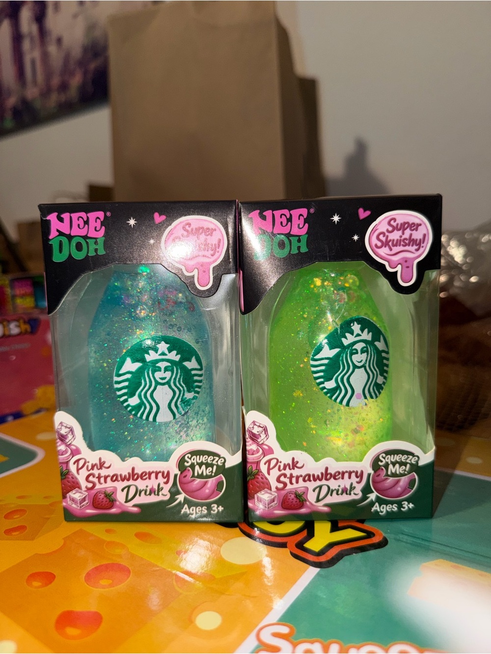 Nee Doh Starbucks Pink Strawberry Drink Super Squishy Stress Ball - Green & Blue